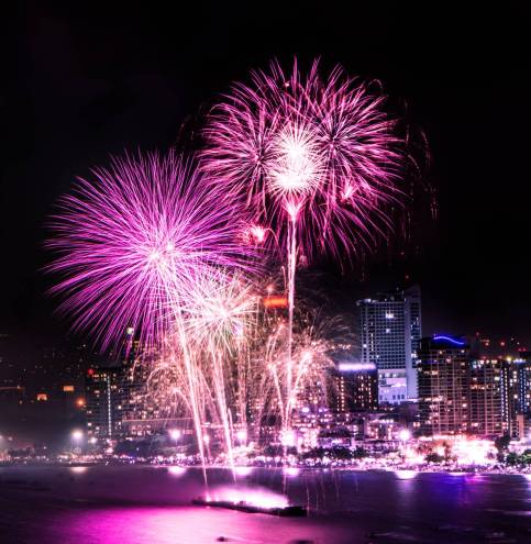 Cityscape,Of,Night,Skyline,Pattaya,City,And,Colorful,Fireworks.,Celebration